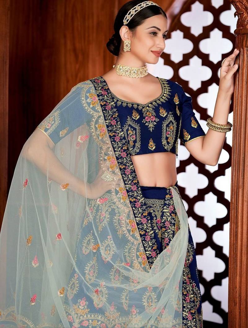 Embroidered Thread Work Semi-Stitched Lehenga & Blouse With Dupatta