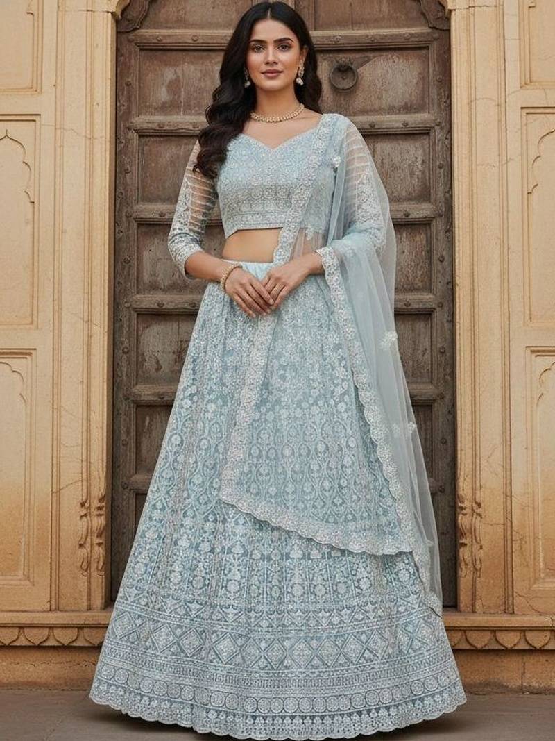 Embroidered Thread Work Semi-Stitched Lehenga & Blouse With Dupatta