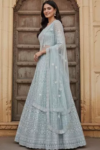 Embroidered Thread Work Semi-Stitched Lehenga & Blouse With Dupatta