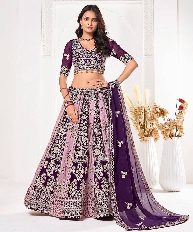 Embroidered Thread Work Semi-Stitched Lehenga & Unstitched Blouse With Dupatta
