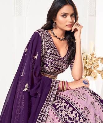 Embroidered Thread Work Semi-Stitched Lehenga & Unstitched Blouse With Dupatta 2