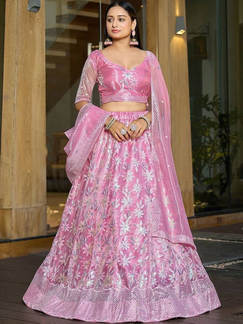 Embroidered Sequinned Semi-Stitched Lehenga & Blouse With Dupatta