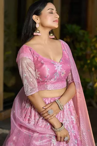 Embroidered Sequinned Semi-Stitched Lehenga & Blouse With Dupatta