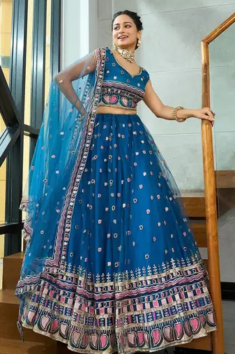 Embroidered Thread Work Semi-Stitched Lehenga & Blouse With Dupatta