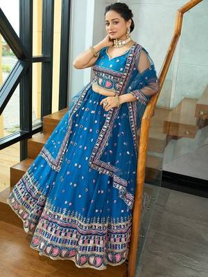 Embroidered Thread Work Semi-Stitched Lehenga & Blouse With Dupatta 4