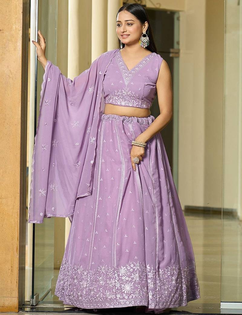 Embroidered Thread Work Semi-Stitched Lehenga & Blouse With Dupatta