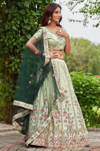 Embroidered Thread Work Semi-Stitched Lehenga & Blouse With Dupatta