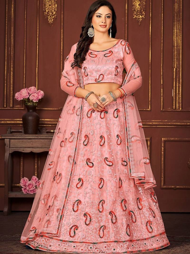Embroidered Sequinned Semi-Stitched Lehenga & Unstitched Blouse With Dupatta