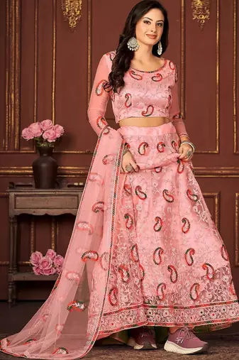 Embroidered Sequinned Semi-Stitched Lehenga & Unstitched Blouse With Dupatta
