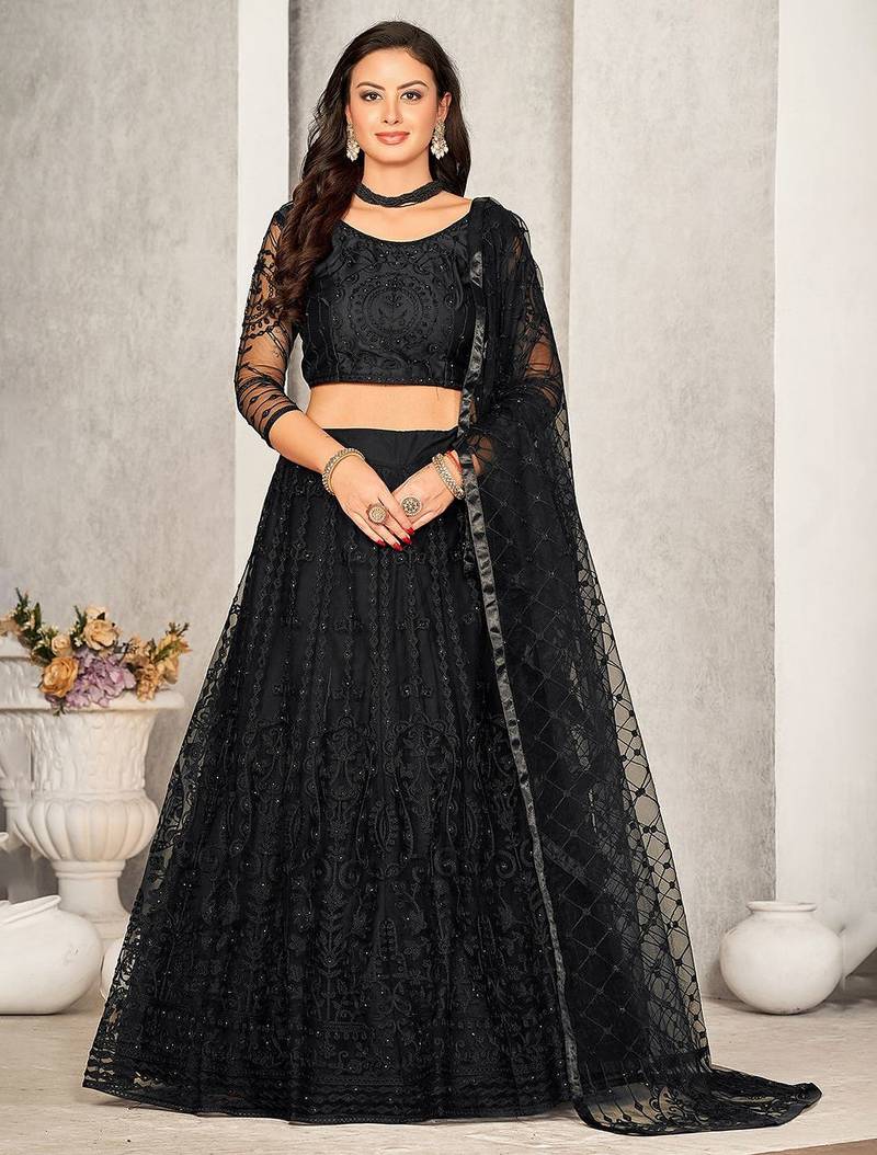 Embroidered Sequinned Semi-Stitched Lehenga & Unstitched Blouse With Dupatta