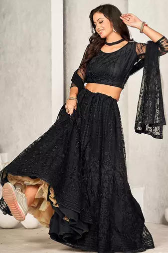 Embroidered Sequinned Semi-Stitched Lehenga & Unstitched Blouse With Dupatta