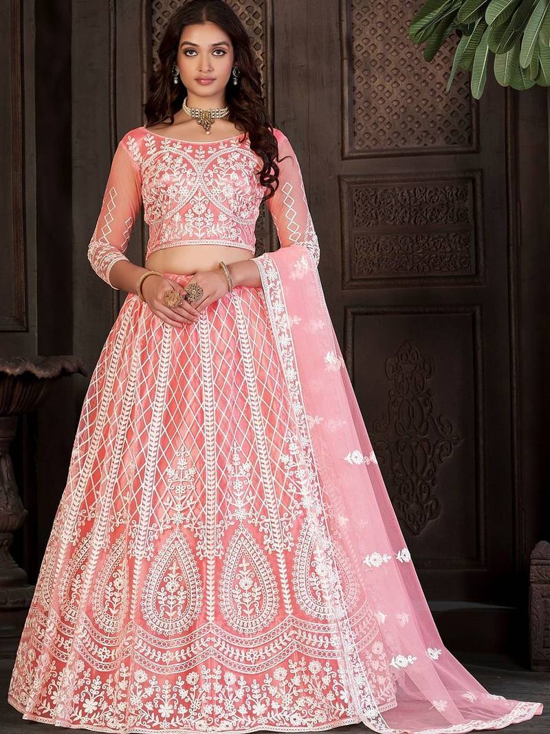 Embroidered Thread Work Semi-Stitched Lehenga & Blouse With Dupatta