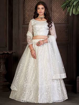 Embroidered Thread Work Semi-Stitched Lehenga & Unstitched Blouse With Dupatta 1