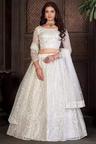 Embroidered Thread Work Semi-Stitched Lehenga & Unstitched Blouse With Dupatta