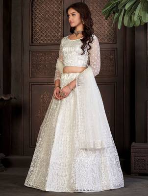 Embroidered Thread Work Semi-Stitched Lehenga & Unstitched Blouse With Dupatta 3