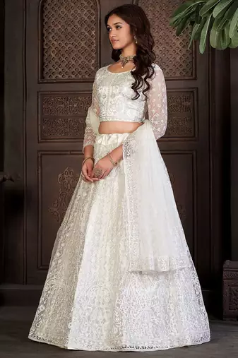 Embroidered Thread Work Semi-Stitched Lehenga & Unstitched Blouse With Dupatta