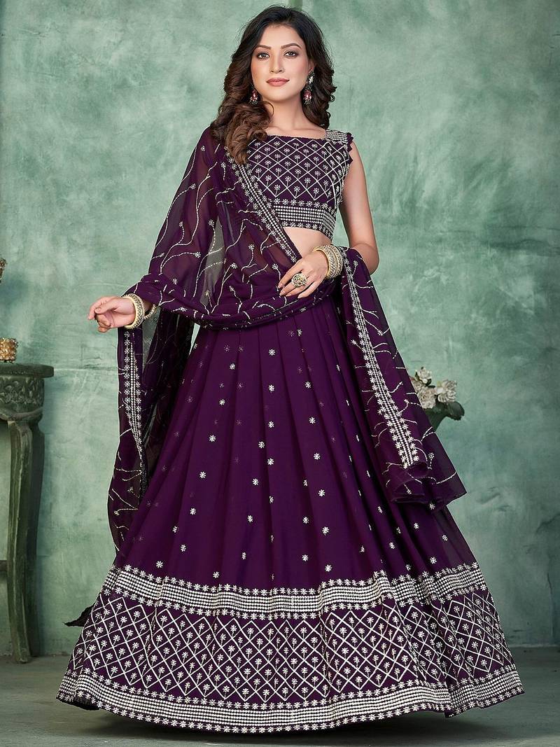 Embroidered Thread Work Semi-Stitched Lehenga & Unstitched Blouse With Dupatta