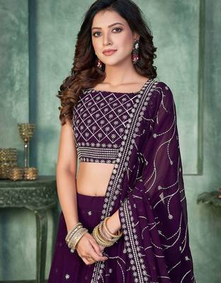 Embroidered Thread Work Semi-Stitched Lehenga & Unstitched Blouse With Dupatta 2