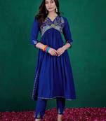Floral embroidered sequinned v-neck empire a-line kurta with trousers