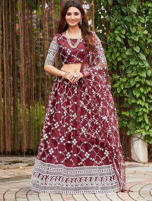Embroidered Thread Work Semi-Stitched Lehenga & Blouse With Dupatta 1