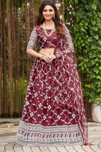 Embroidered Thread Work Semi-Stitched Lehenga & Blouse With Dupatta