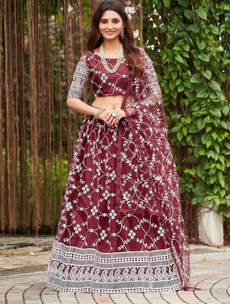 Embroidered Thread Work Semi-Stitched Lehenga & Blouse With Dupatta