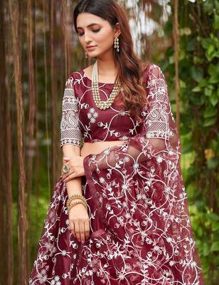 Embroidered Thread Work Semi-Stitched Lehenga & Blouse With Dupatta 2