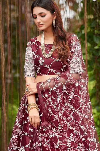 Embroidered Thread Work Semi-Stitched Lehenga & Blouse With Dupatta