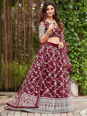 Embroidered Thread Work Semi-Stitched Lehenga & Blouse With Dupatta 3