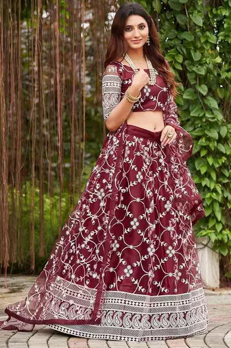 Embroidered Thread Work Semi-Stitched Lehenga & Blouse With Dupatta