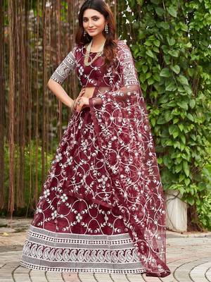 Embroidered Thread Work Semi-Stitched Lehenga & Blouse With Dupatta 4