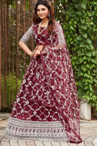 Embroidered Thread Work Semi-Stitched Lehenga & Blouse With Dupatta