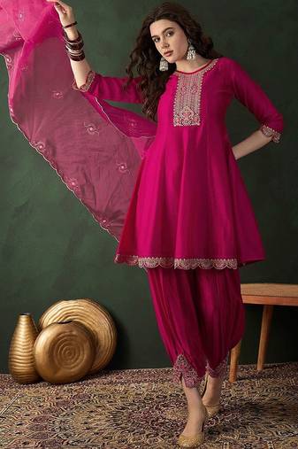 Embroidered a-line kurta set with afghani pant & dupatta