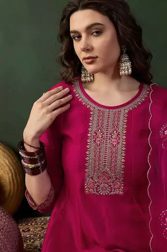 Embroidered a-line kurta set with afghani pant & dupatta