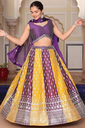 Embroidered Thread Work Semi-Stitched Lehenga & Unstitched Blouse With Dupatta
