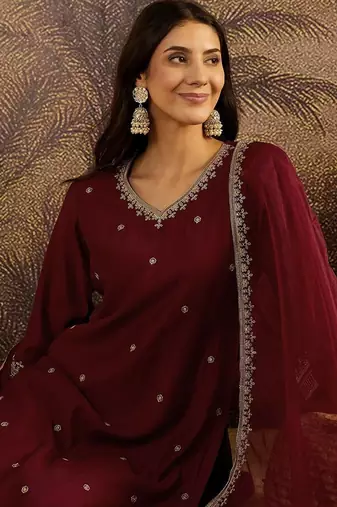 Embroidered sequence kurta & palazzos with dupatta set