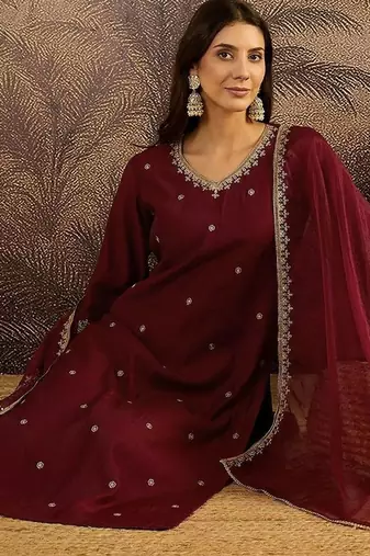 Embroidered sequence kurta & palazzos with dupatta set