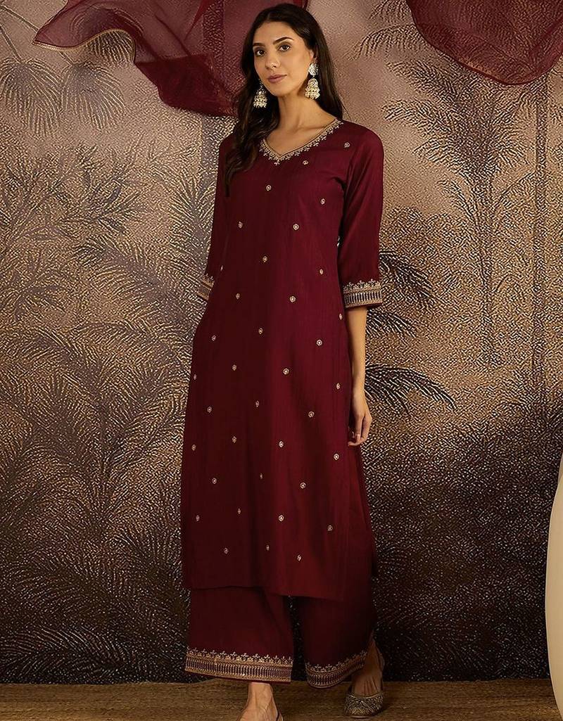 Embroidered sequence kurta & palazzos with dupatta set