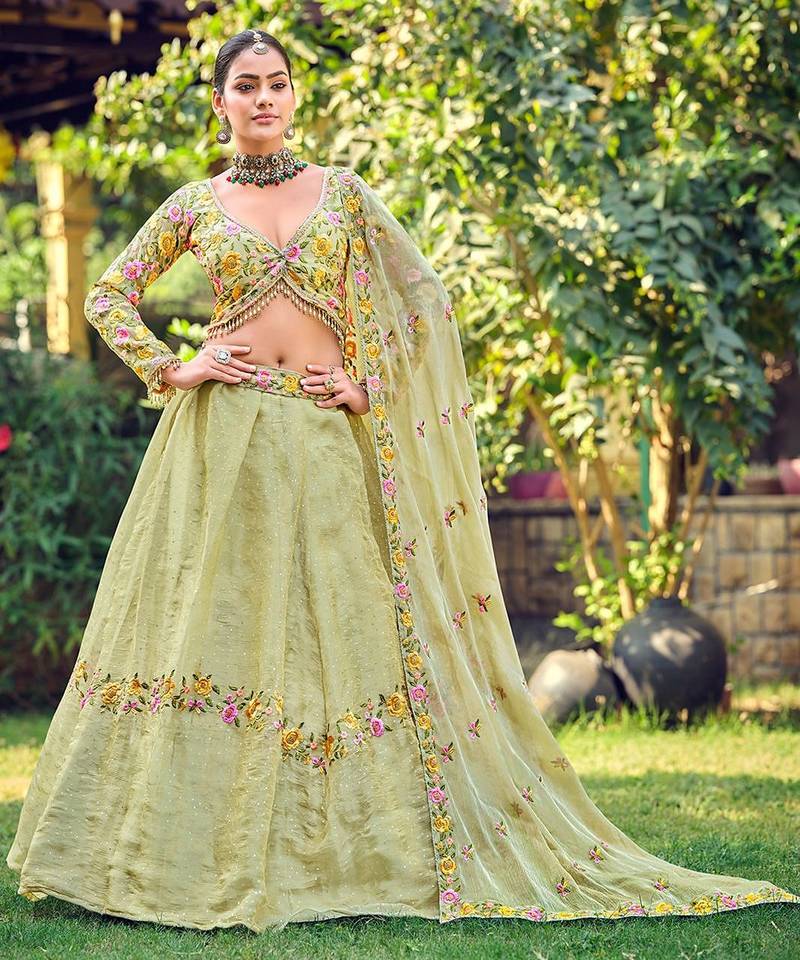 Embroidered Thread Work Semi-Stitched Lehenga & Unstitched Blouse With Dupatta