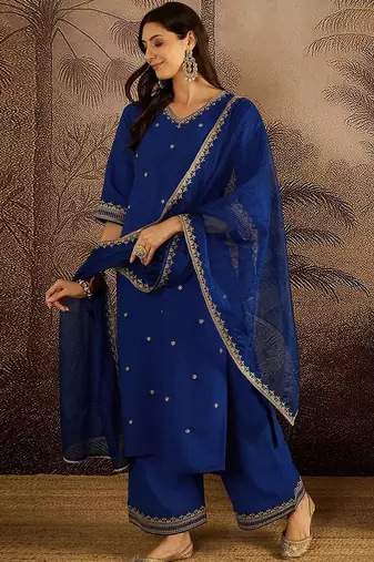 Embroidered sequence kurta & palazzos with dupatta set