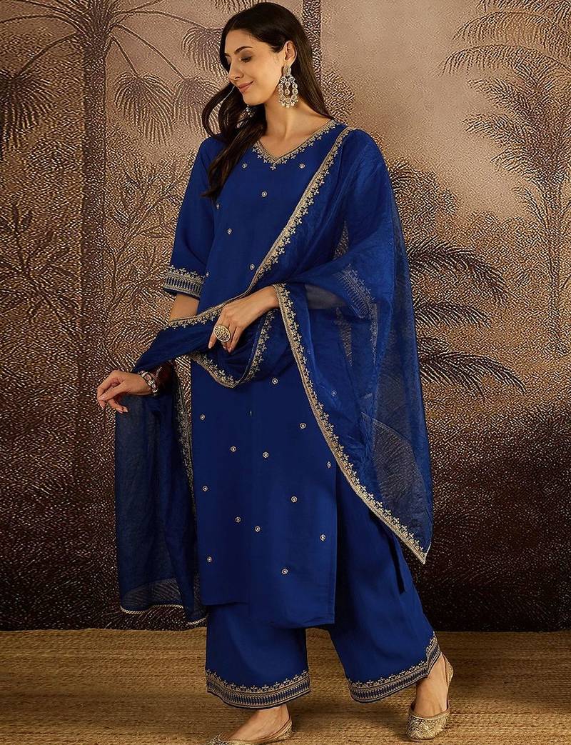 Embroidered sequence kurta & palazzos with dupatta set