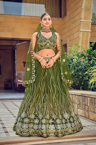 Embroidered Thread Work Semi-Stitched Lehenga & Unstitched Blouse With Dupatta