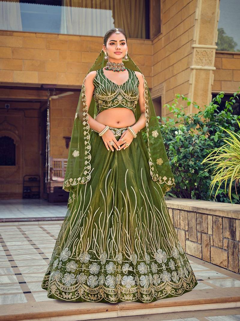 Embroidered Thread Work Semi-Stitched Lehenga & Unstitched Blouse With Dupatta