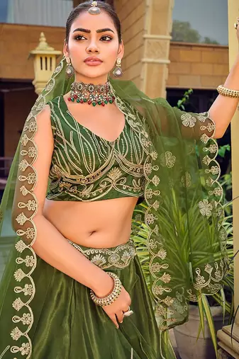 Embroidered Thread Work Semi-Stitched Lehenga & Unstitched Blouse With Dupatta