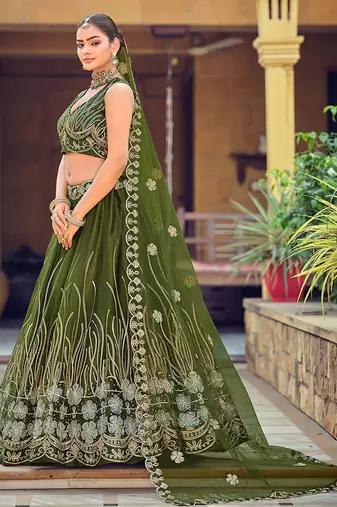 Embroidered Thread Work Semi-Stitched Lehenga & Unstitched Blouse With Dupatta