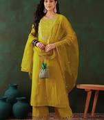 Yellow floral embroidered round neck zari straight kurta & palazzos with dupatta