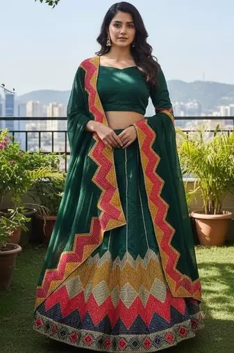 Thread Work Ready to Wear Lehenga & Unstitched Blouse With Dupatta