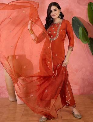 Women sequence embroidered straight kurta with trouser & dupatta 1
