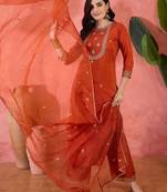 Women sequence embroidered straight kurta with trouser & dupatta