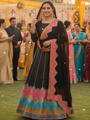 Thread Work Semi-Stitched Lehenga & Unstitched Blouse With Dupatta 1
